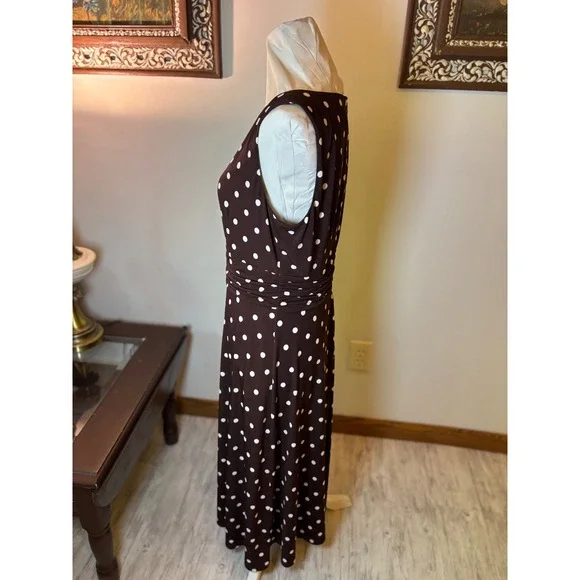 Y2K Jessica Howard Dress Brown White Polka Dot Sleeveless Midi Career Casual - Picture 4 of 16